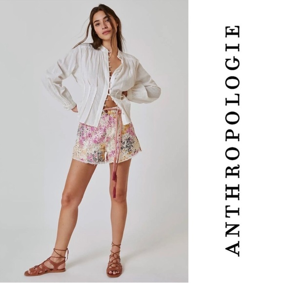 Anthro Pilcro high waist shorts in printed denim Scrunchie style Size Medium - Picture 2 of 16